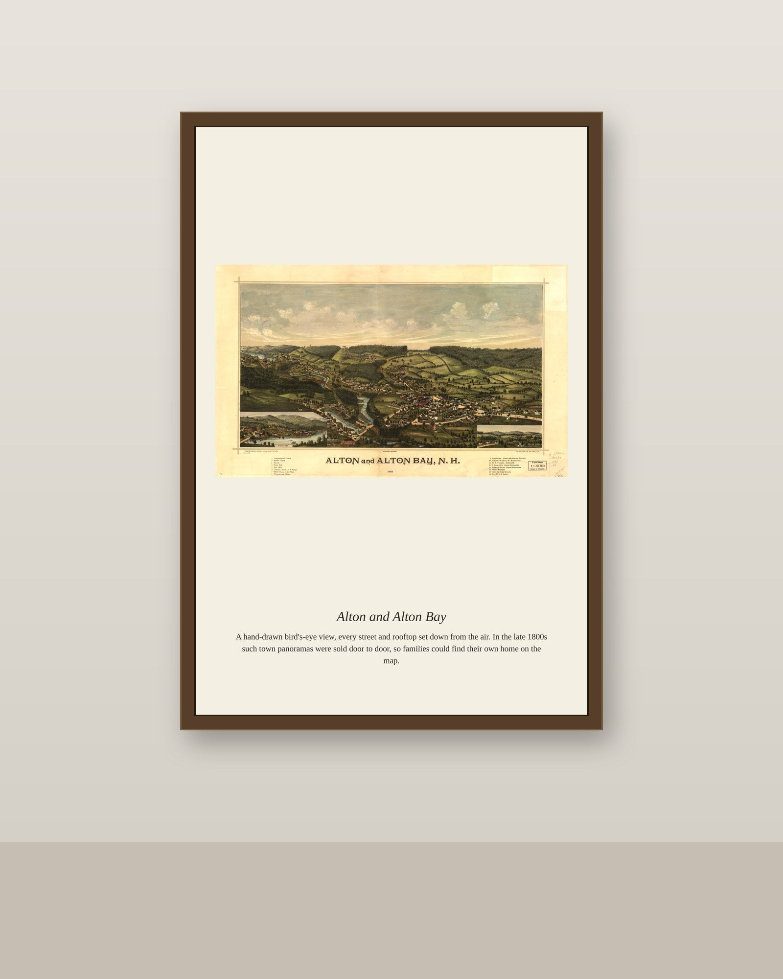 Alton and Alton Bay antique map print shown framed on a wall in a styled room