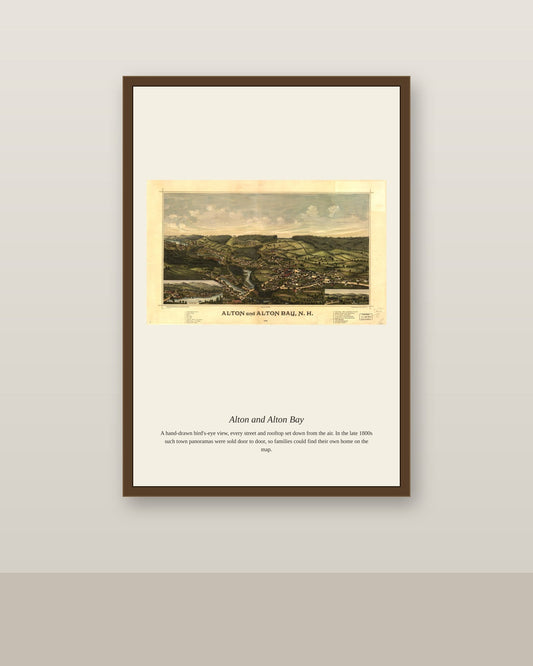 Alton and Alton Bay antique map print shown framed on a wall in a styled room