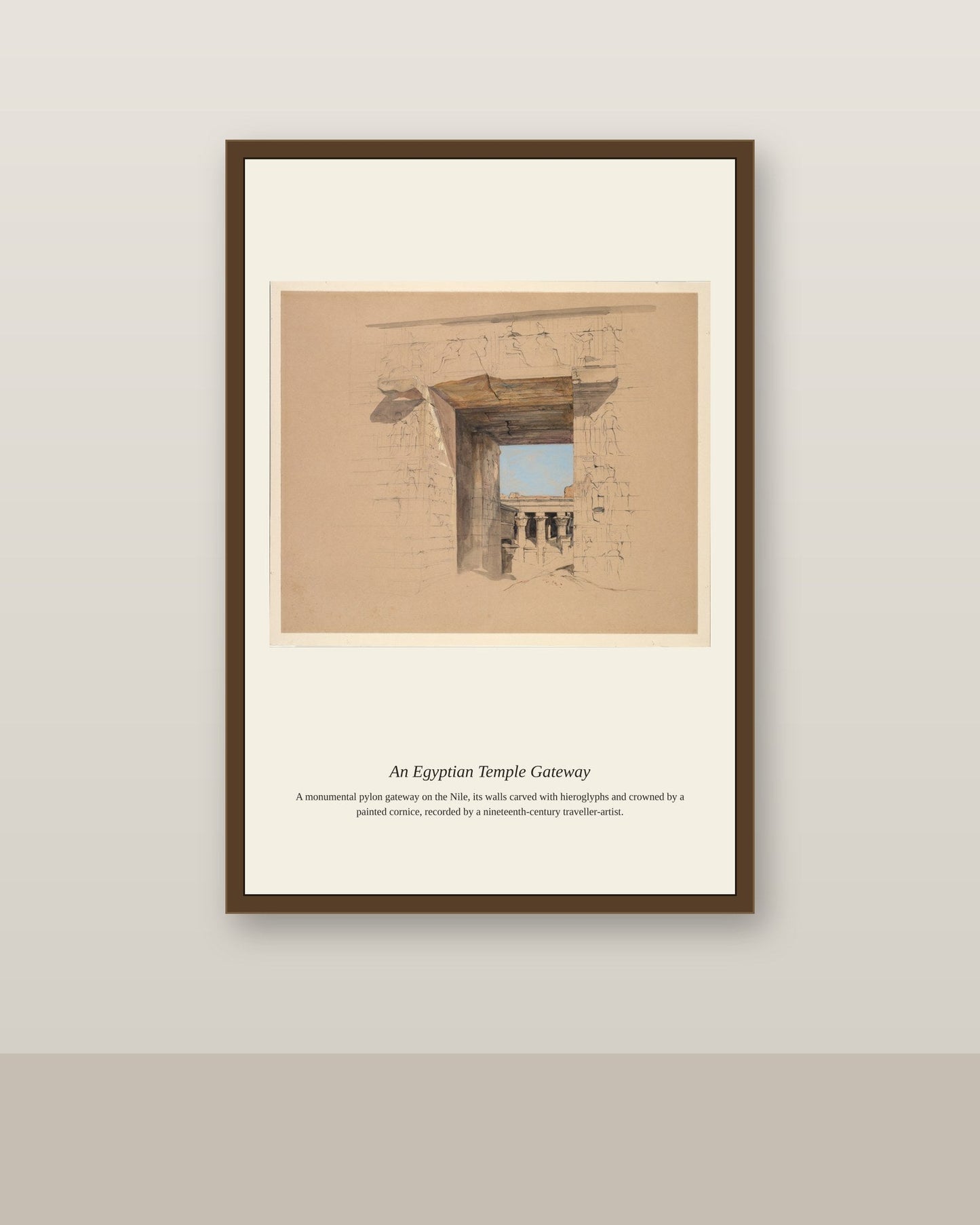 An Egyptian Temple Gateway antique print shown framed on a wall in a styled room
