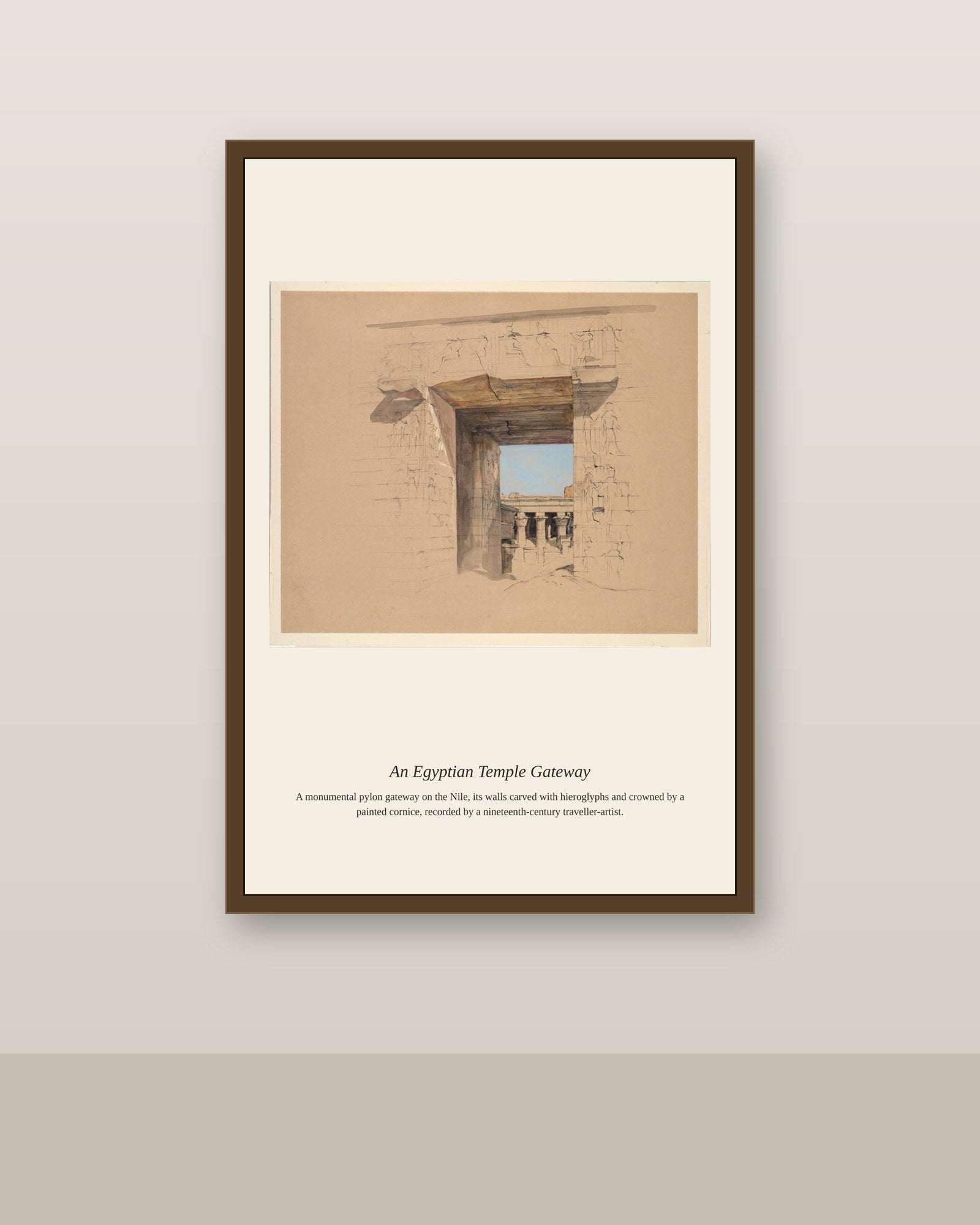 An Egyptian Temple Gateway antique print shown framed on a wall in a styled room