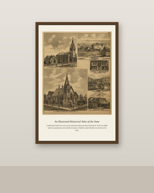 An Illustrated Historical Atlas of the State antique map print shown framed on a wall in a styled room