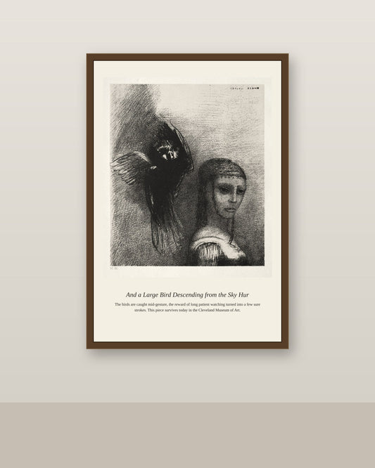 And a Large Bird Descending antique natural history print shown framed on a wall in a styled room