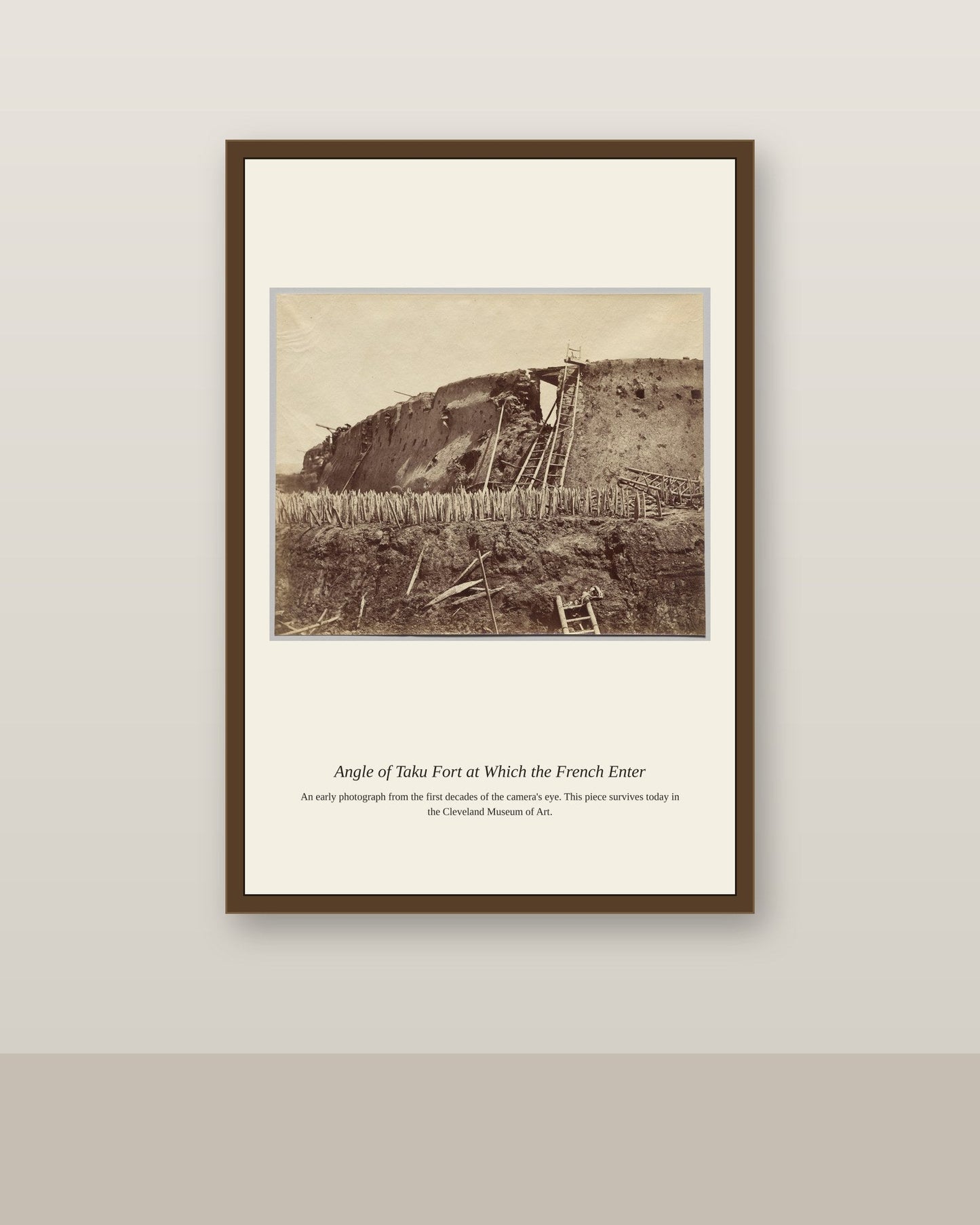Angle of Taku Fort at Which the French antique photograph print shown framed on a wall in a styled room