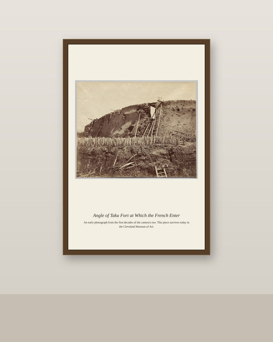 Angle of Taku Fort at Which the French antique photograph print shown framed on a wall in a styled room