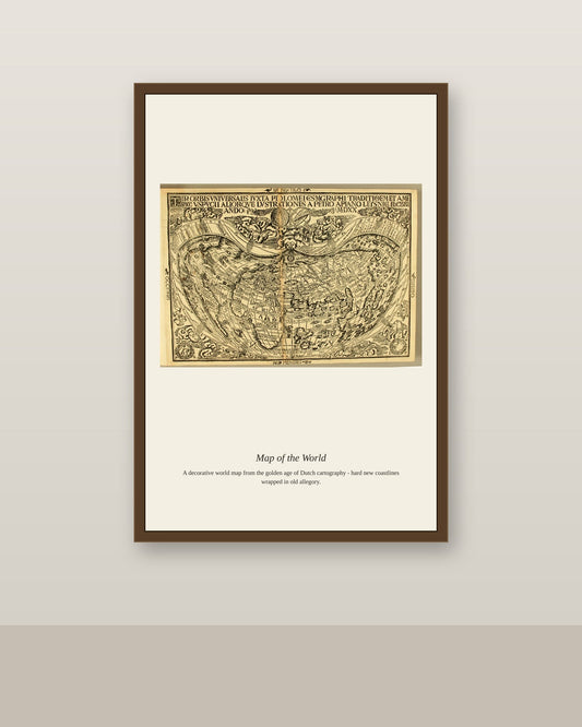 Apian World Map antique world map print shown framed on a wall in a styled room
