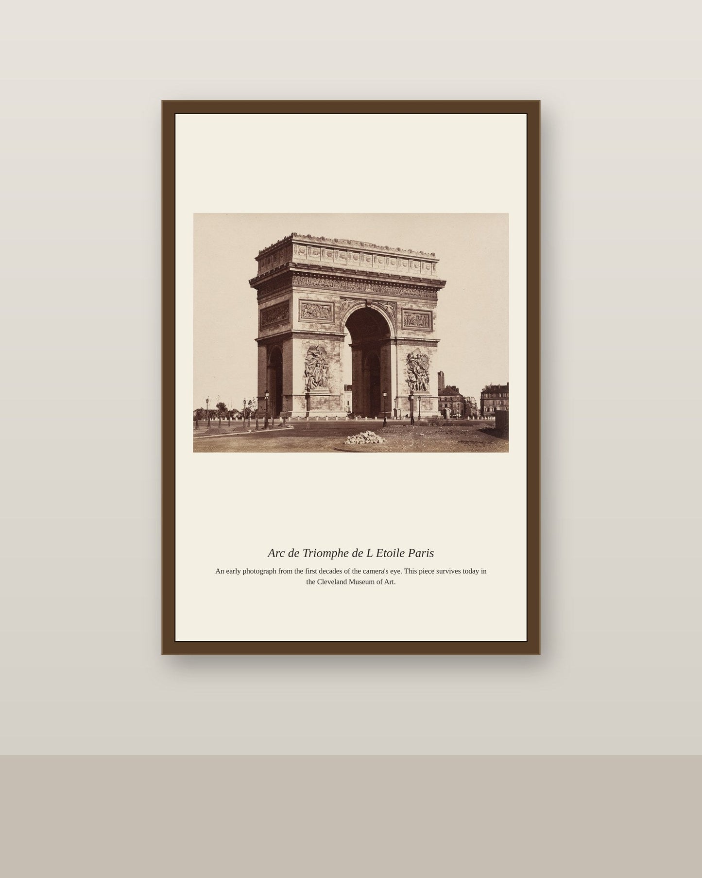Arc de Triomphe de l'Etoile, Paris antique architectural print shown framed on a wall in a styled room