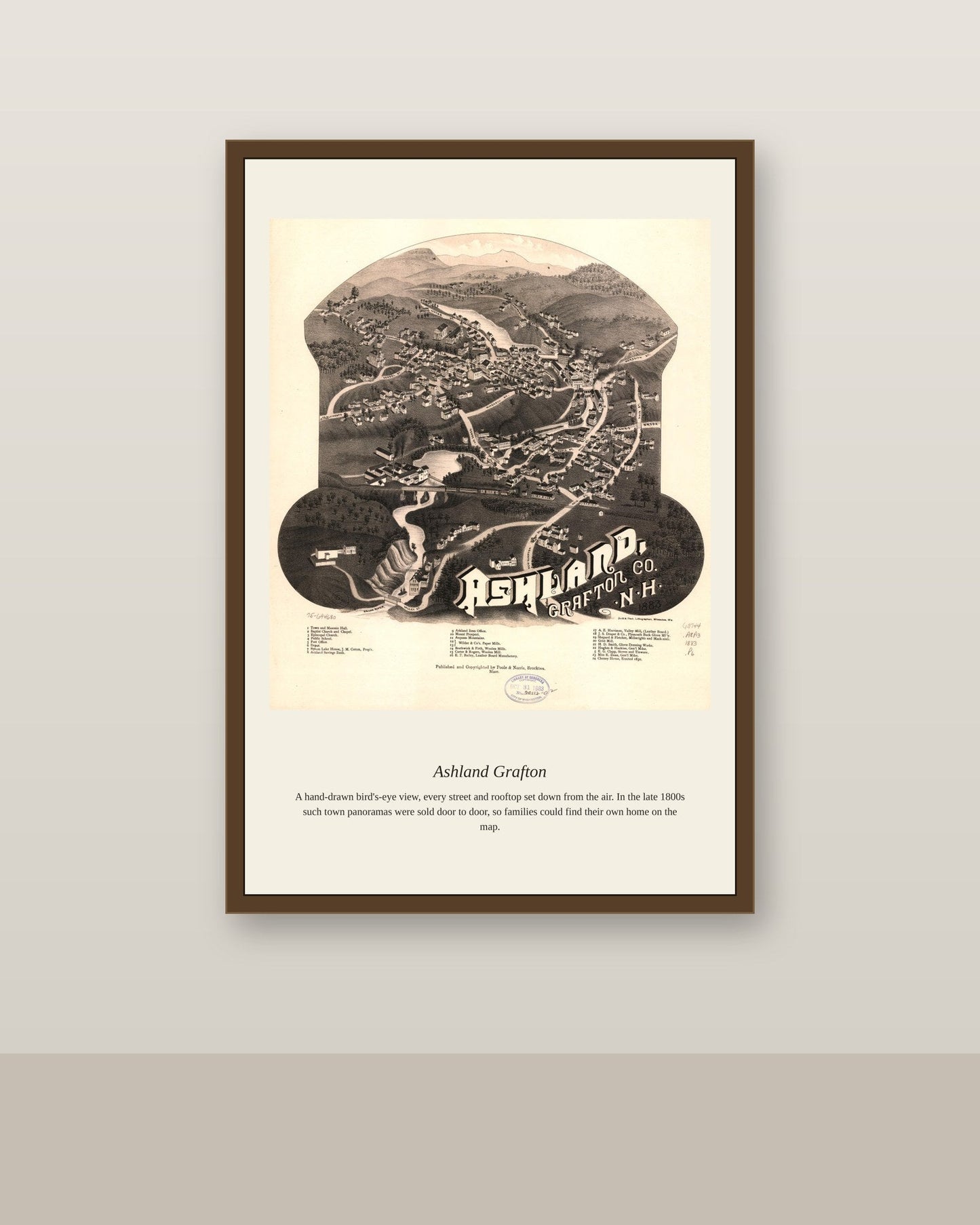 Ashland Grafton antique map print shown framed on a wall in a styled room