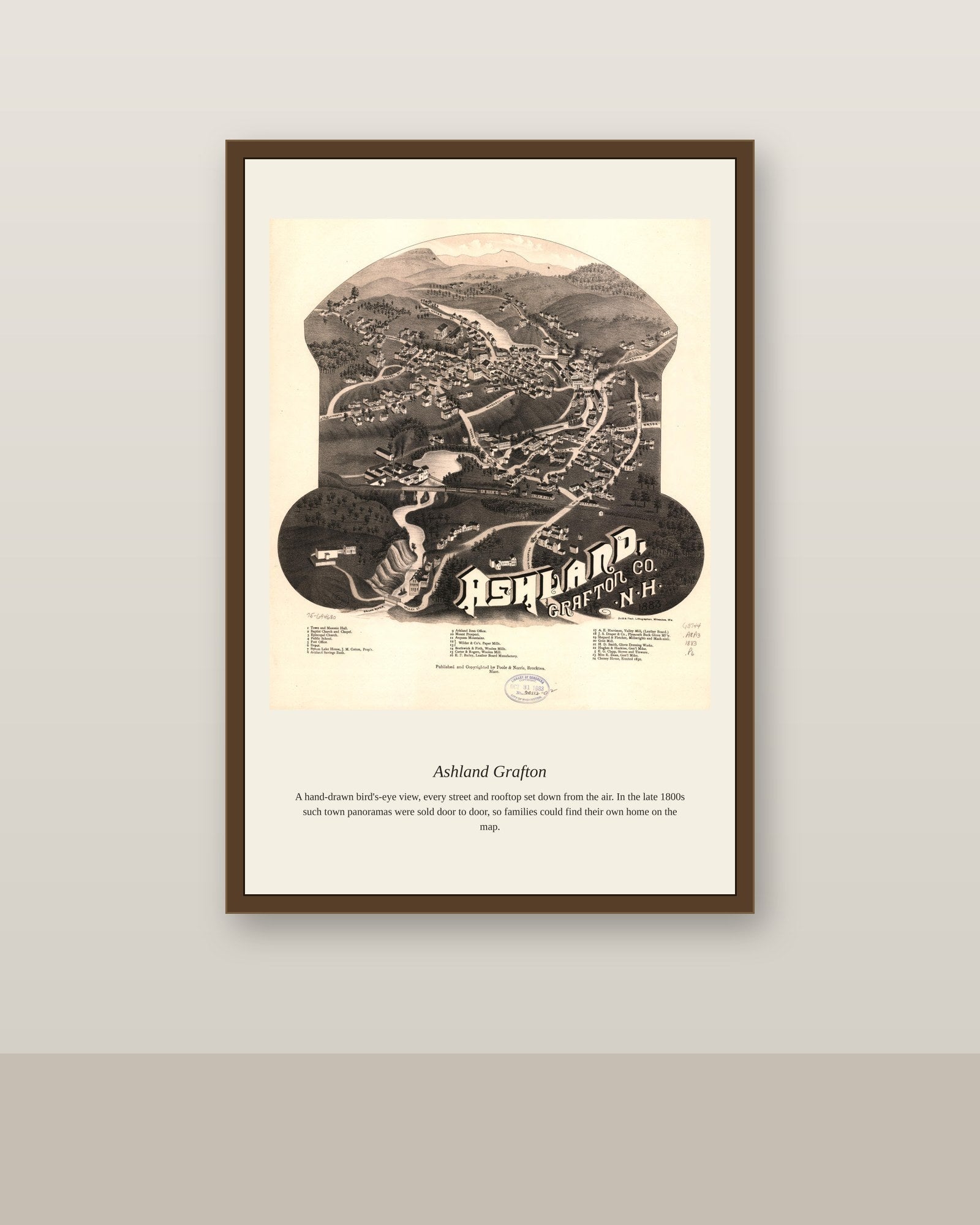 Ashland Grafton antique map print shown framed on a wall in a styled room