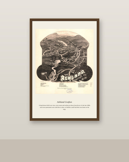 Ashland Grafton antique map print shown framed on a wall in a styled room