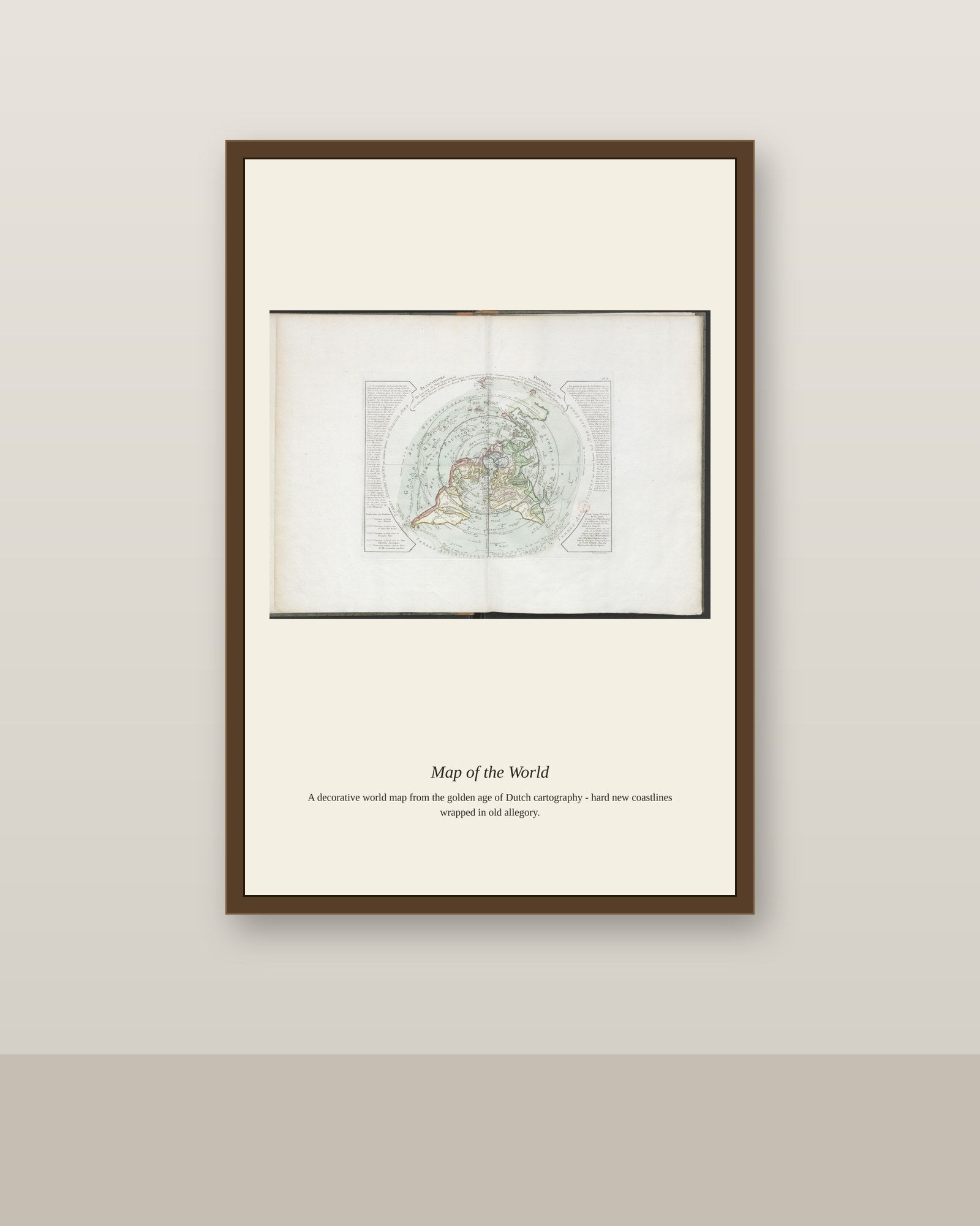 Atlas Geographique Des Quatre Parties du Monde antique art print shown framed on a wall in a styled room
