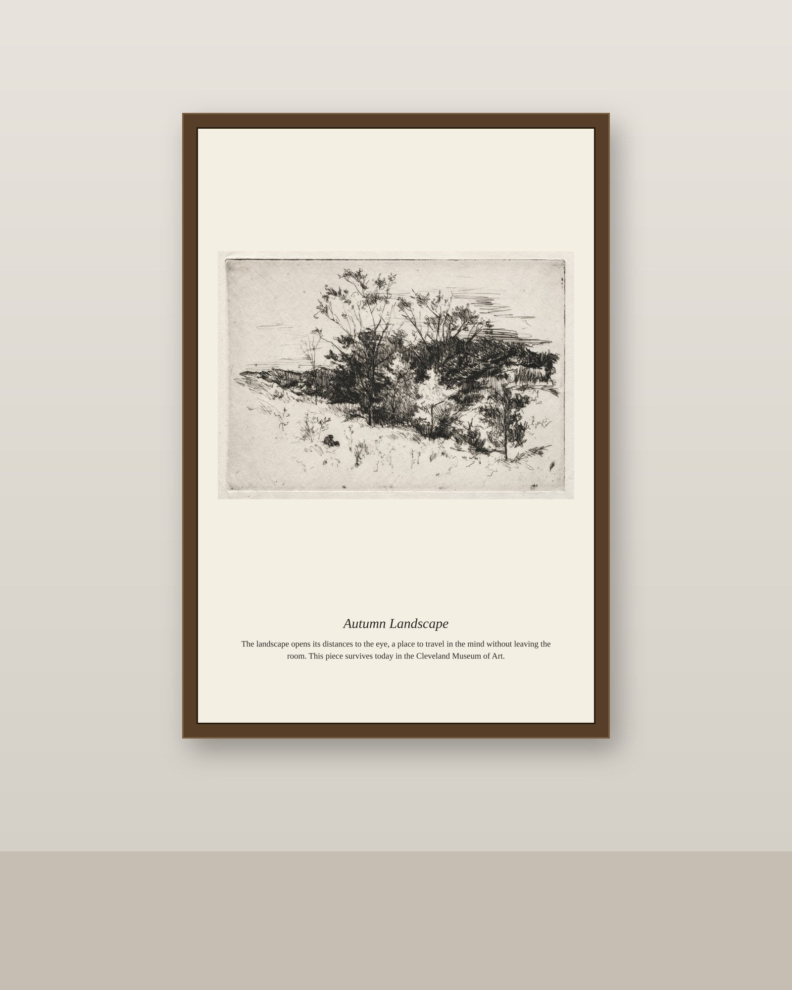 Autumn Landscape antique landscape print shown framed on a wall in a styled room
