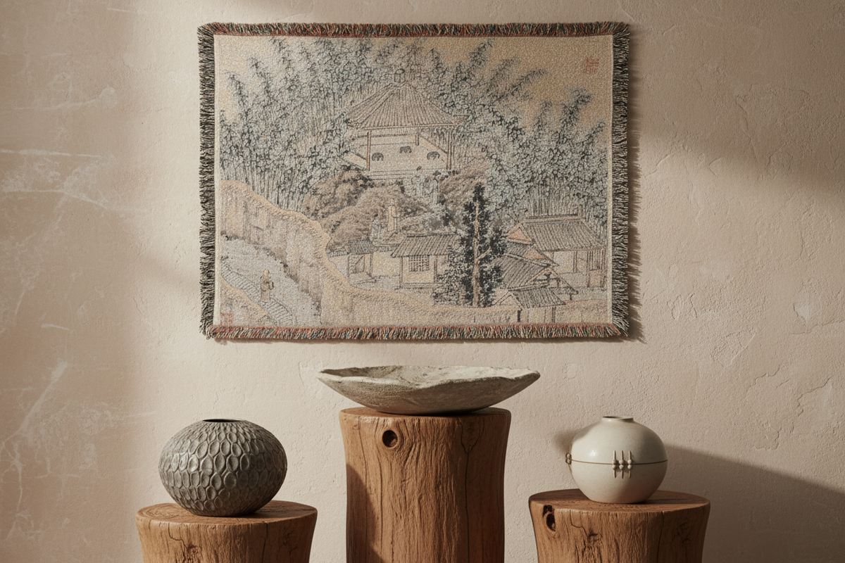 Bamboo Pavilion Tiger Hill Tapestry Blanket