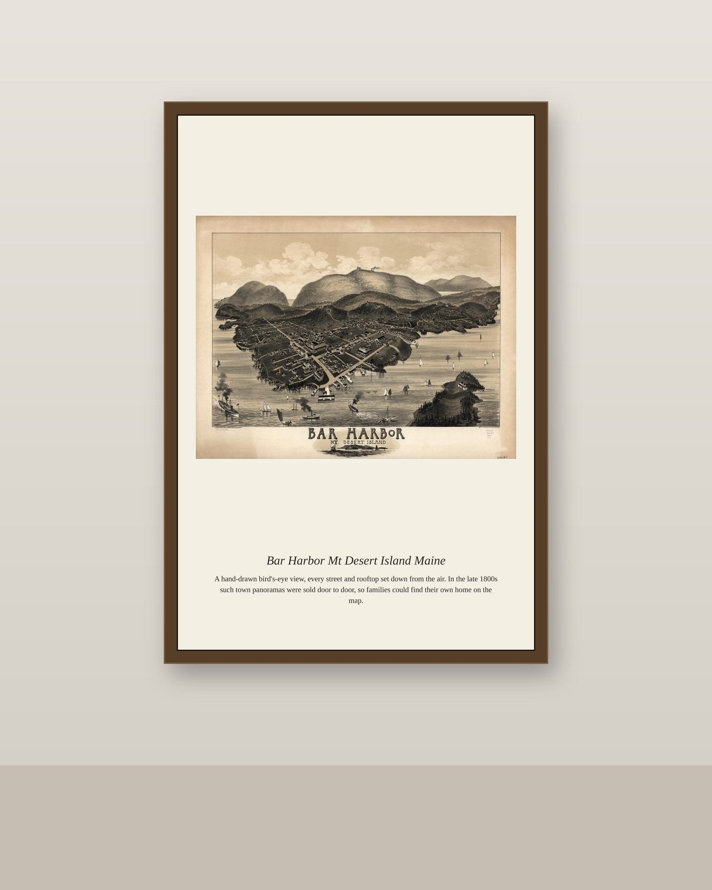 Bar Harbor Mt Desert Island Maine antique map print shown framed on a wall in a styled room