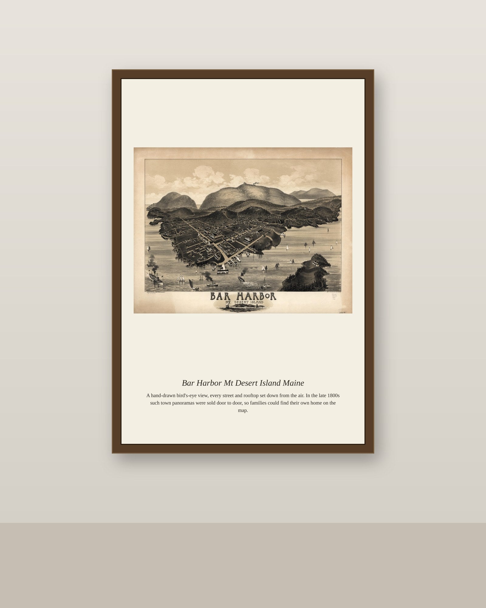 Bar Harbor Mt Desert Island Maine antique map print shown framed on a wall in a styled room