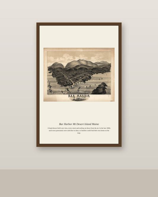Bar Harbor Mt Desert Island Maine antique map print shown framed on a wall in a styled room