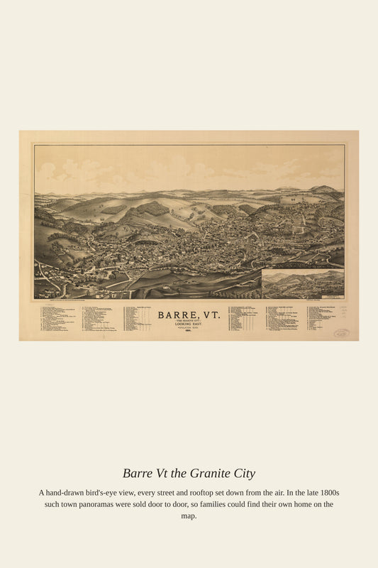 Barre VT Granite City antique map print, bird's-eye sepia panorama of Vermont town in valley with rolling hills