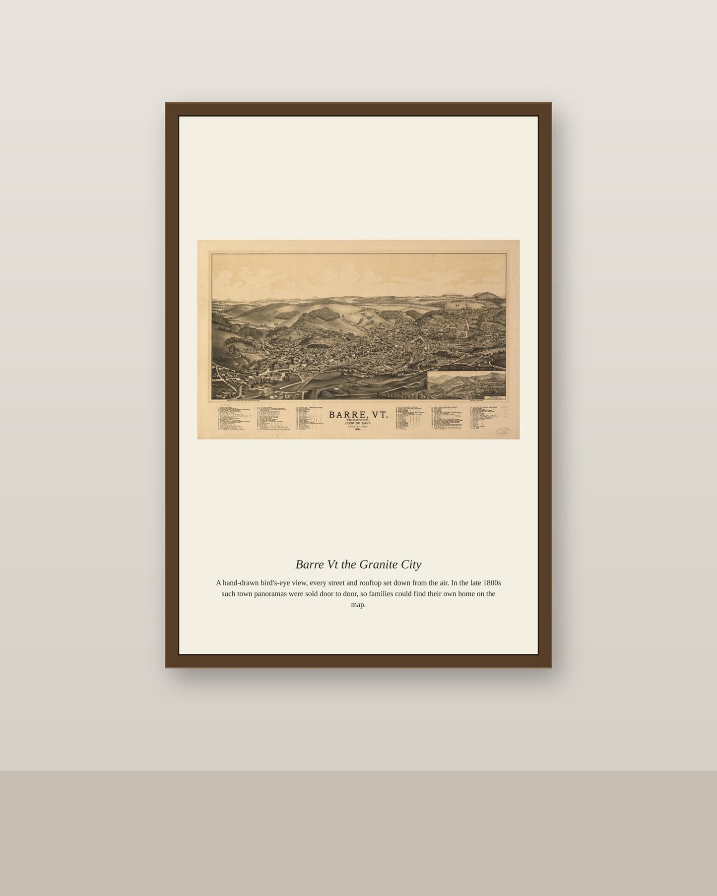 Barre Vt the Granite City antique map print shown framed on a wall in a styled room