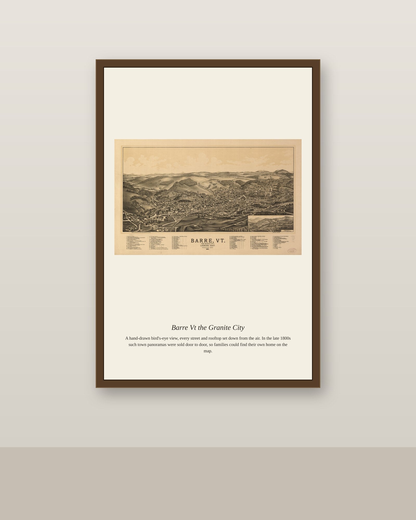 Barre Vt the Granite City antique map print shown framed on a wall in a styled room