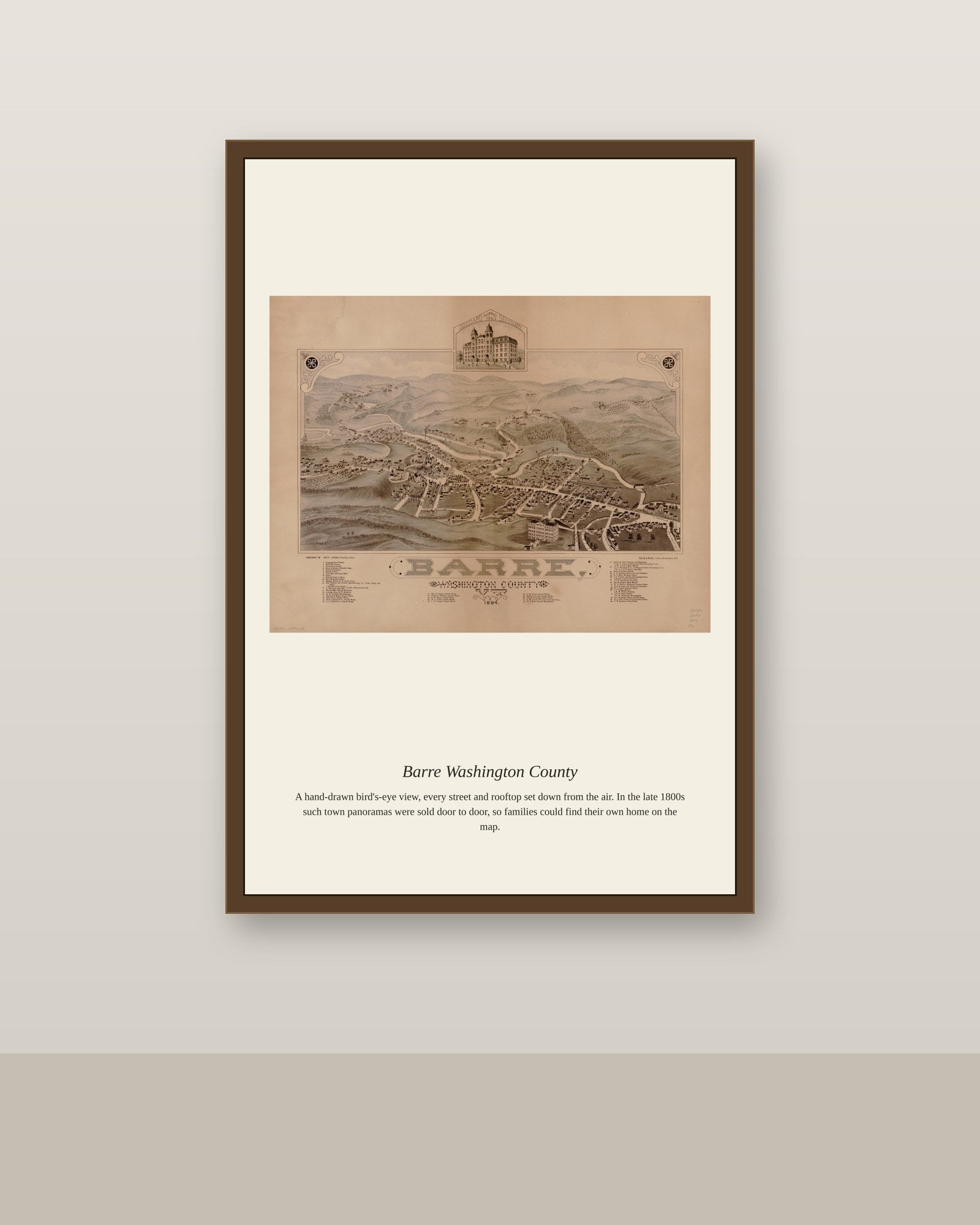 Barre Washington County antique map print shown framed on a wall in a styled room