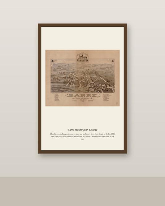 Barre Washington County antique map print shown framed on a wall in a styled room