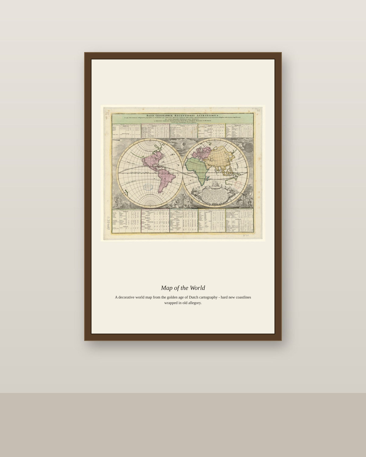 Basis Geographiae Recentioris Astronomica antique art print shown framed on a wall in a styled room