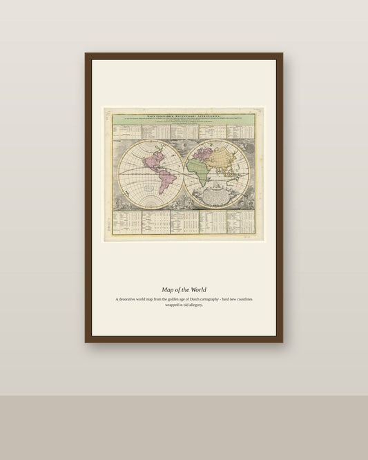 Basis Geographiae Recentioris Astronomica antique art print shown framed on a wall in a styled room