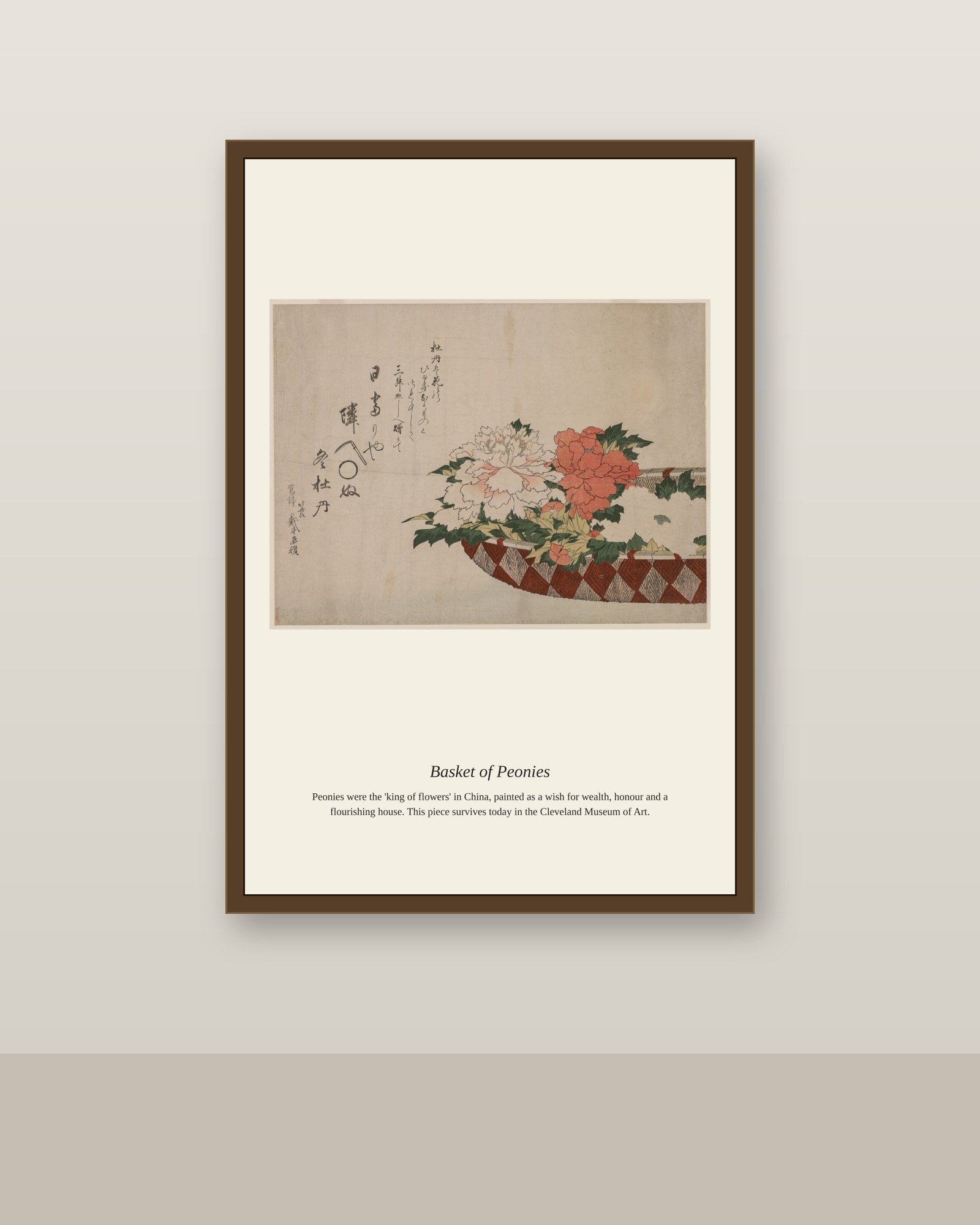 Basket of Peonies antique botanical print shown framed on a wall in a styled room