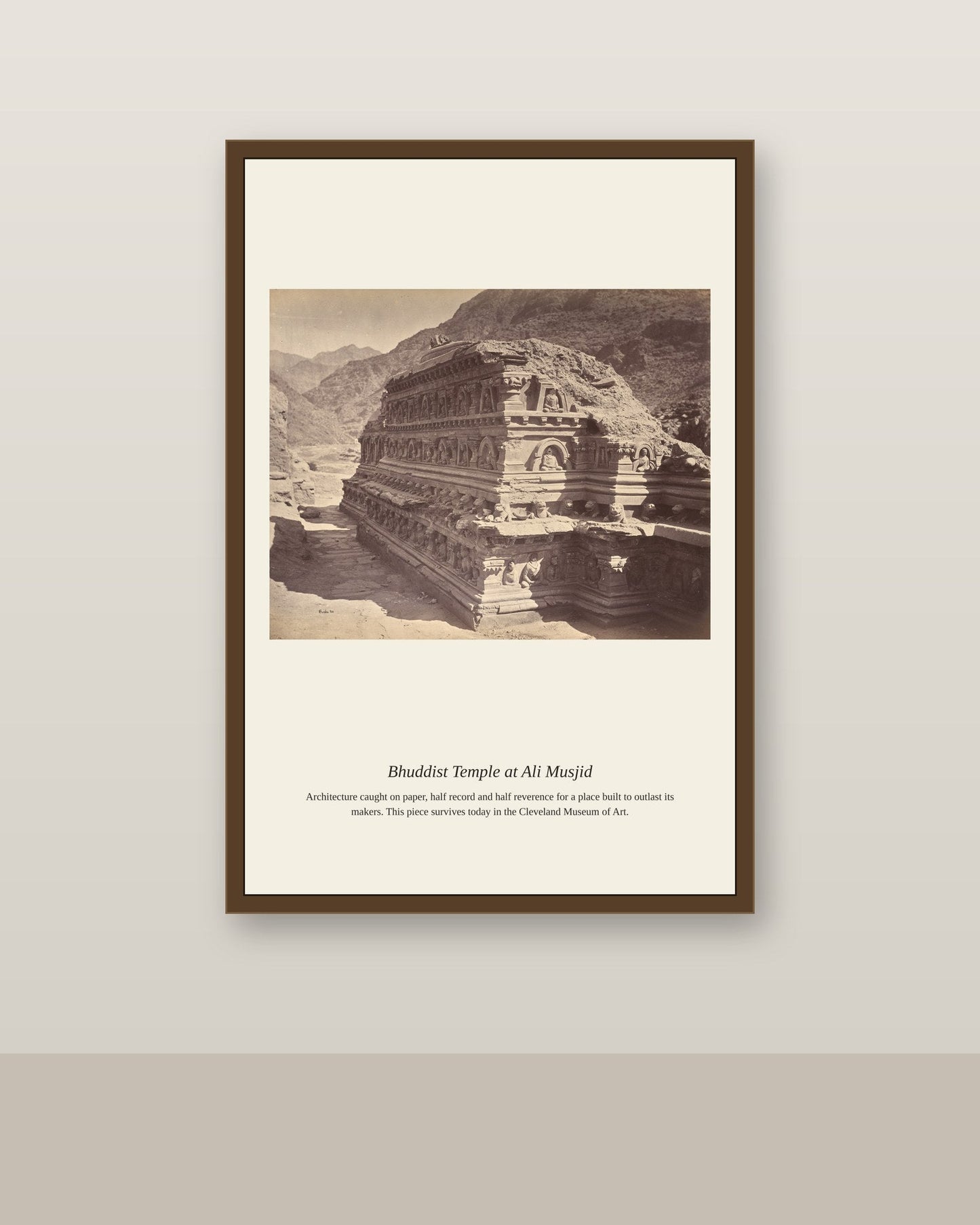 Buddhist Temple at Ali Musjid antique architectural print shown framed on a wall in a styled room