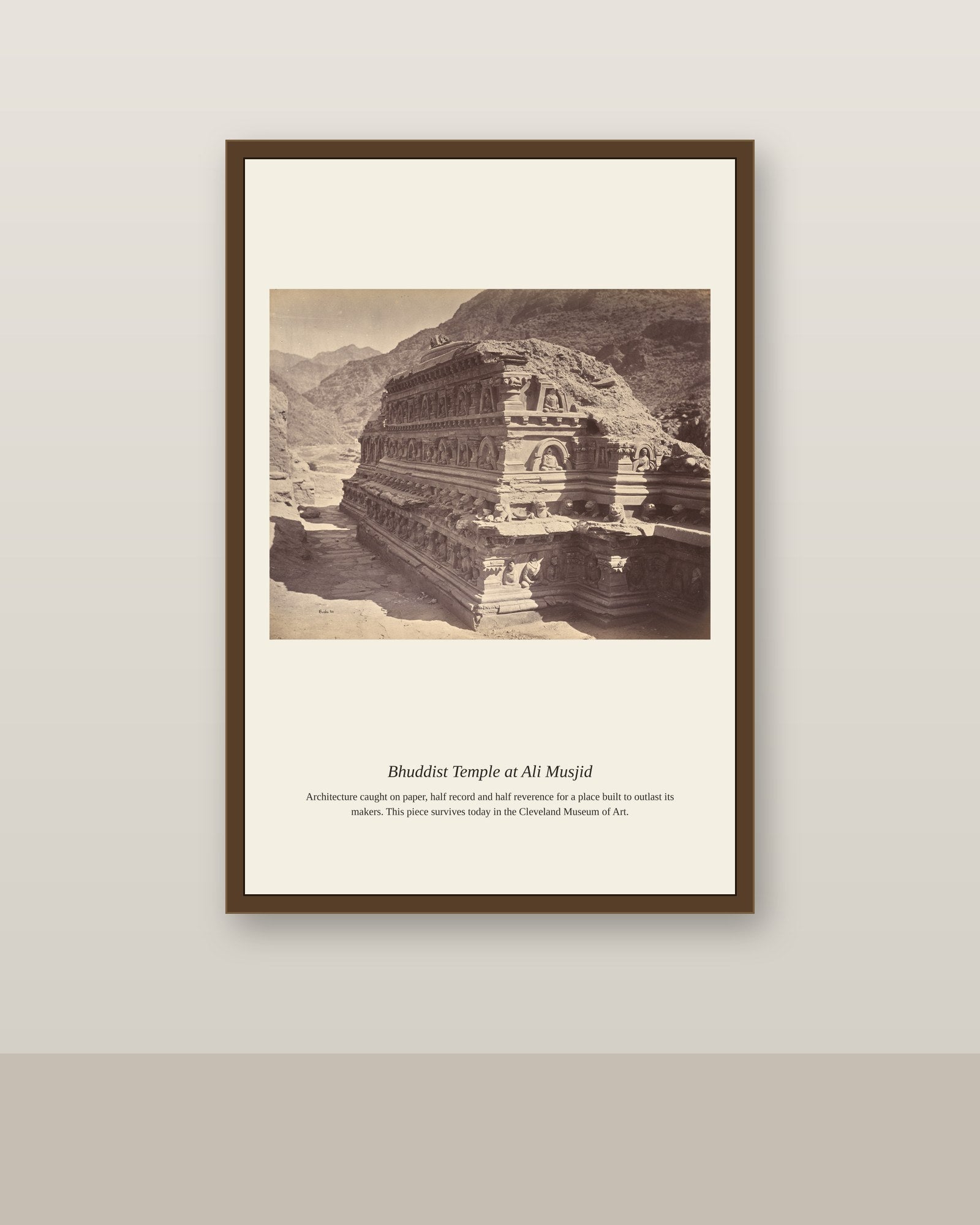 Buddhist Temple at Ali Musjid antique architectural print shown framed on a wall in a styled room