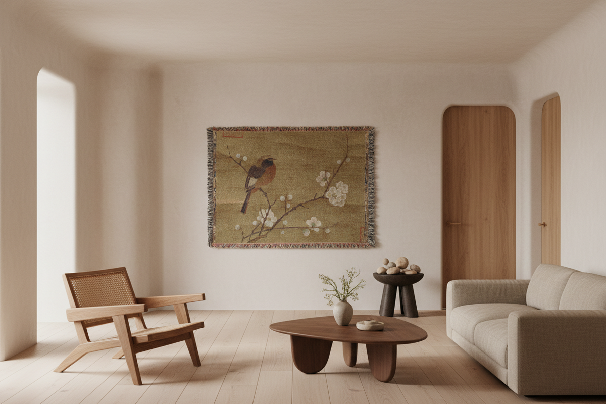 Bird on a Flowering Branch Tapestry Blanket