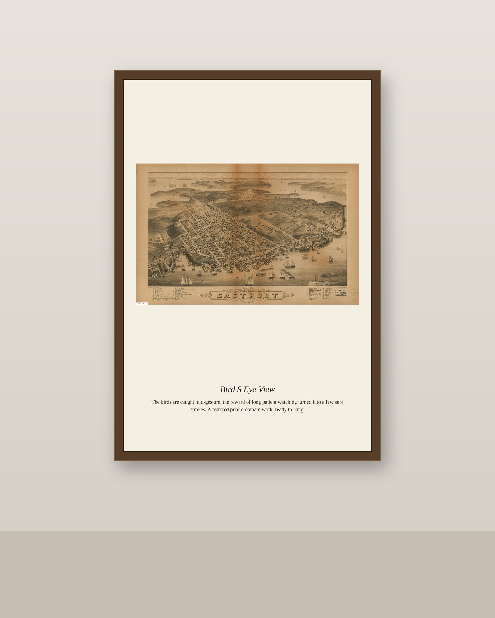 Bird's Eye View (8) antique map print shown framed on a wall in a styled room
