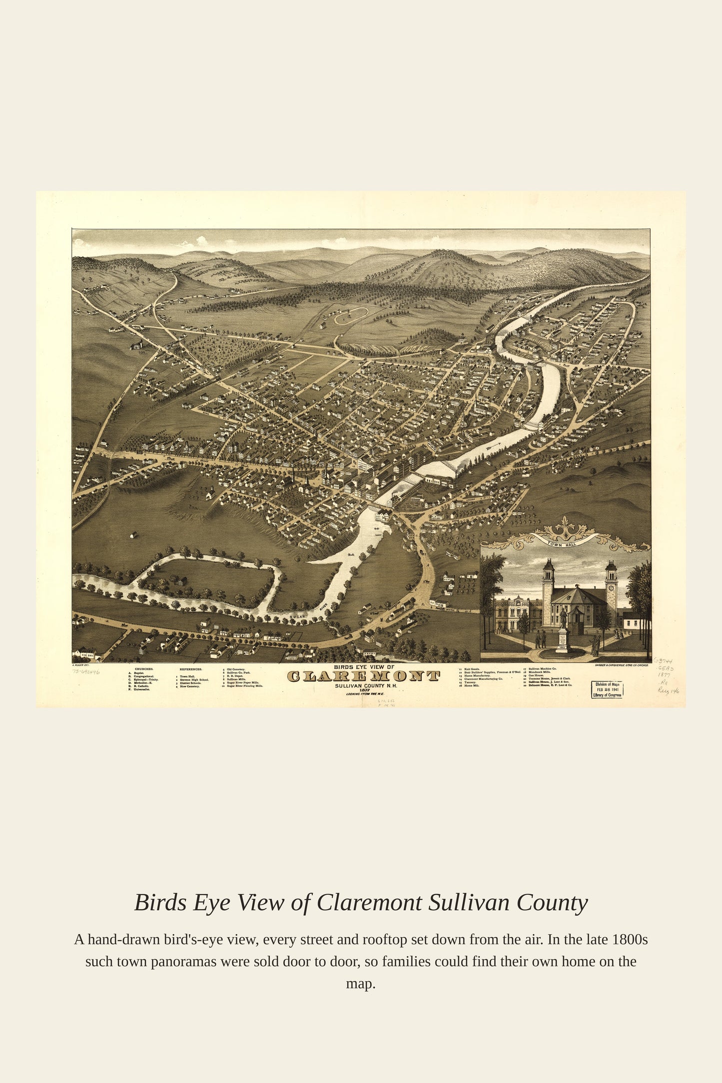 Birds Eye View of Claremont Sullivan County - Antique Map Print