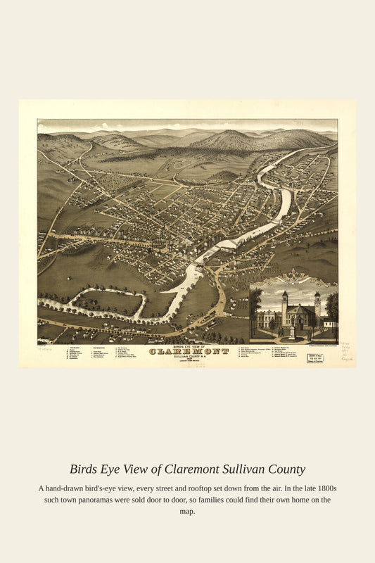 Birds Eye View of Claremont Sullivan County - Antique Map Print