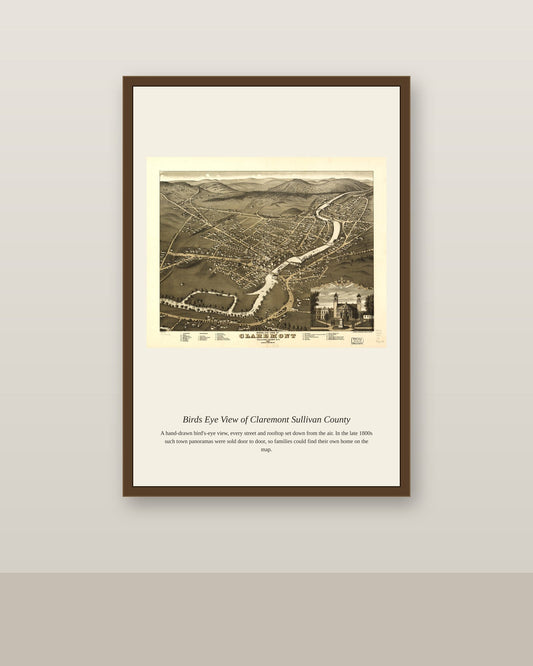 Birds Eye View of Claremont Sullivan County antique map print shown framed on a wall in a styled room