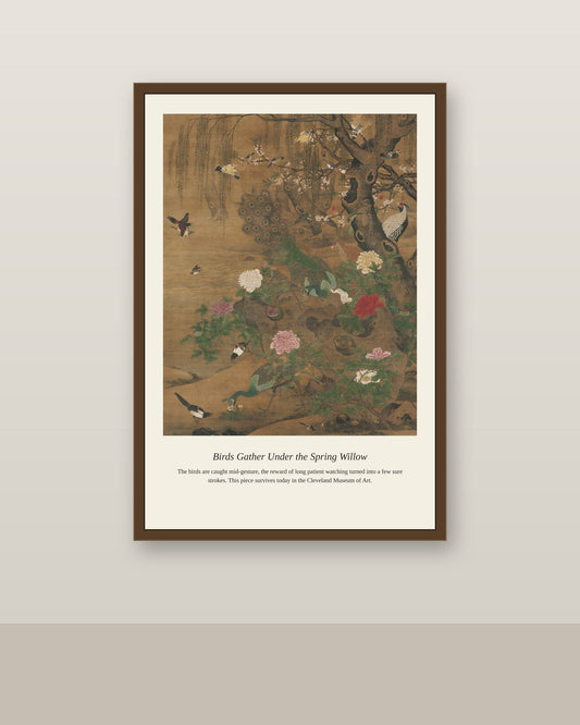 Birds Gather Under the Spring Willow antique natural history print shown framed on a wall in a styled room