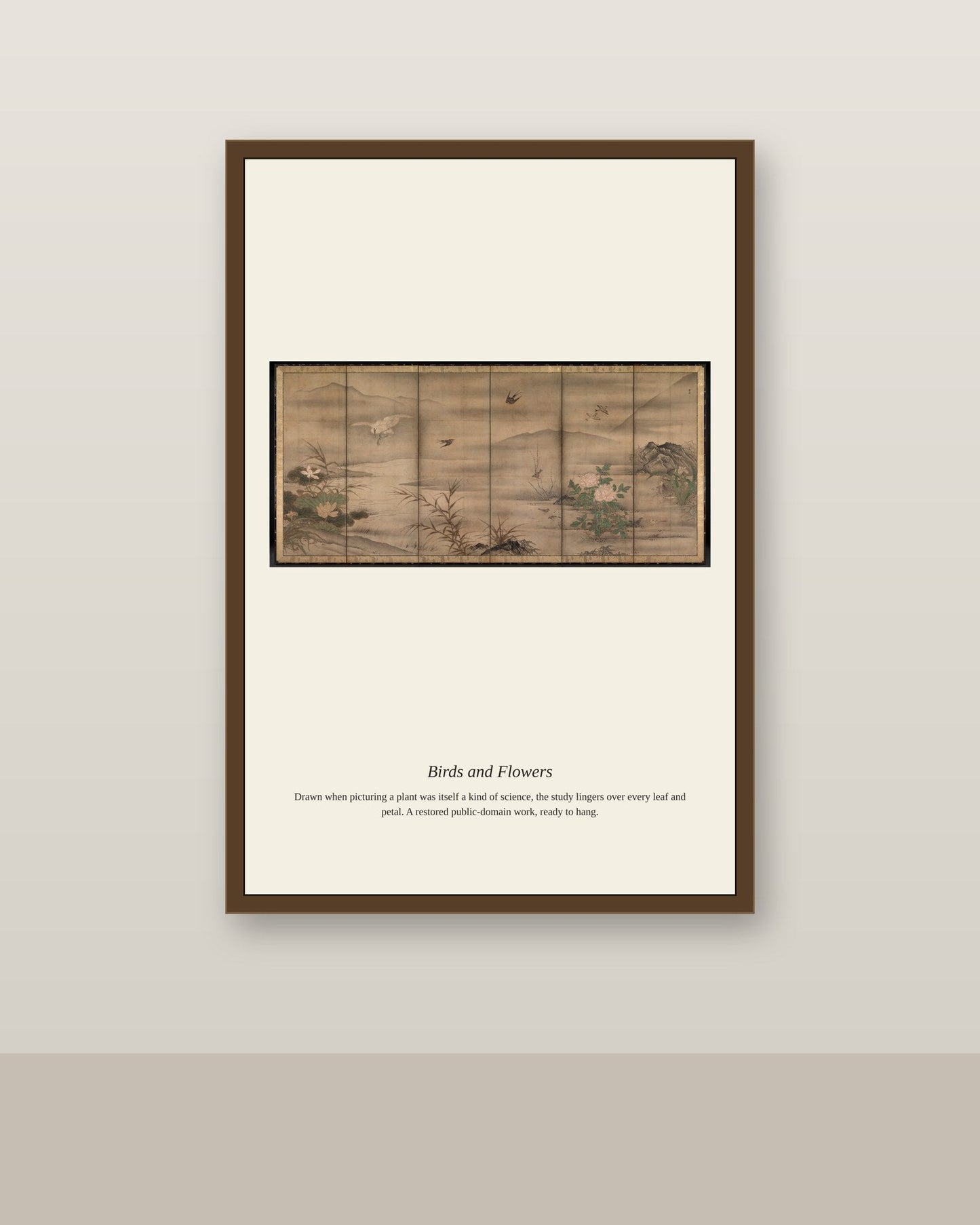 Birds and Flowers (2) antique botanical print shown framed on a wall in a styled room