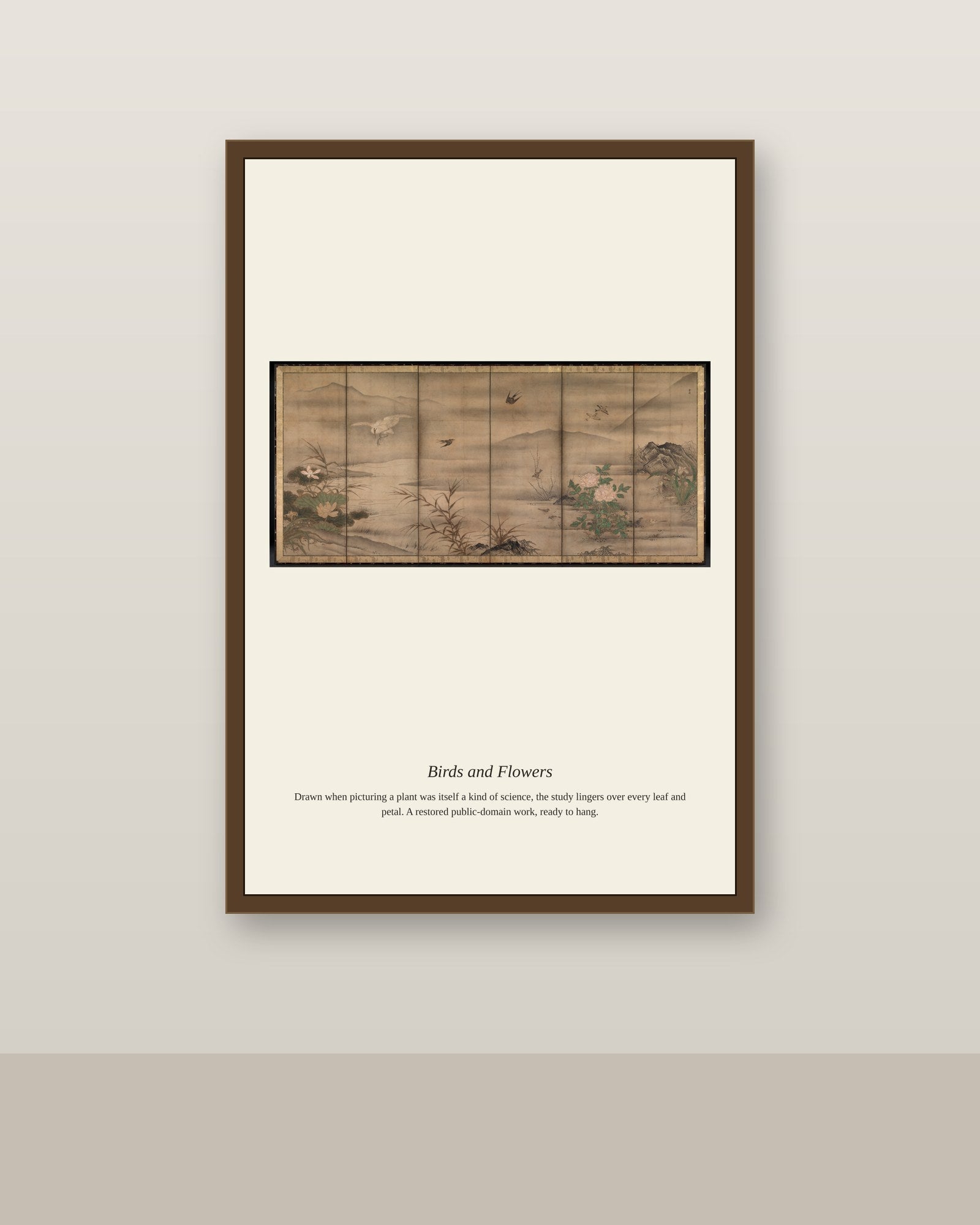 Birds and Flowers (2) antique botanical print shown framed on a wall in a styled room