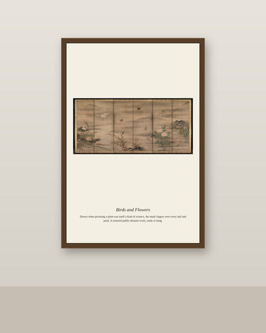 Birds and Flowers (2) antique botanical print shown framed on a wall in a styled room