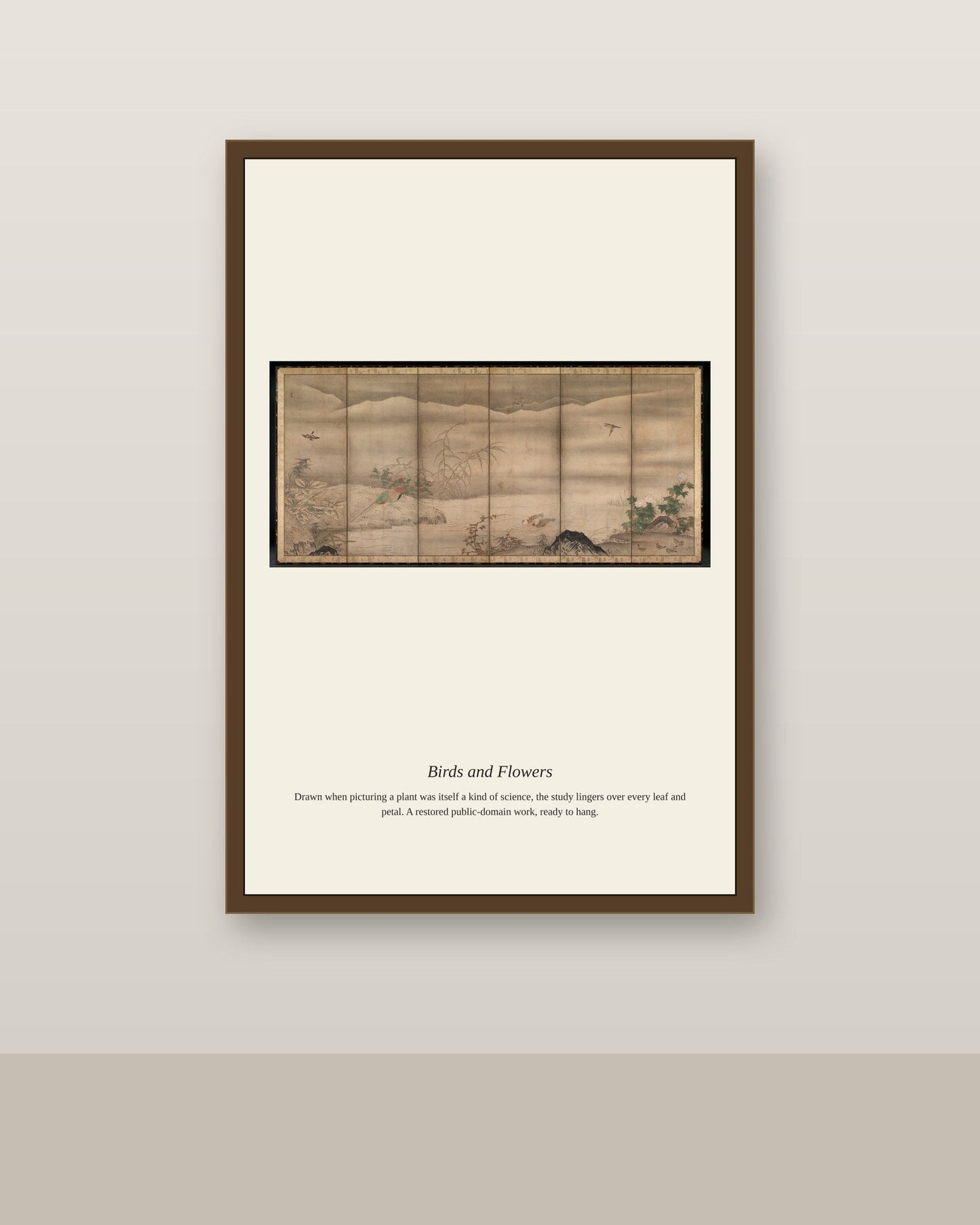 Birds and Flowers (3) antique botanical print shown framed on a wall in a styled room