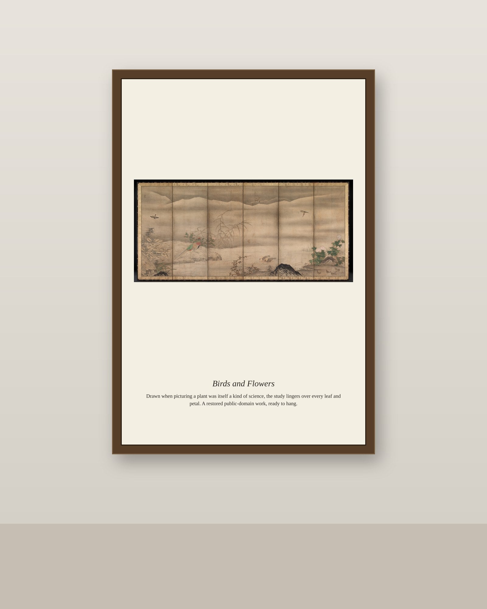 Birds and Flowers (3) antique botanical print shown framed on a wall in a styled room