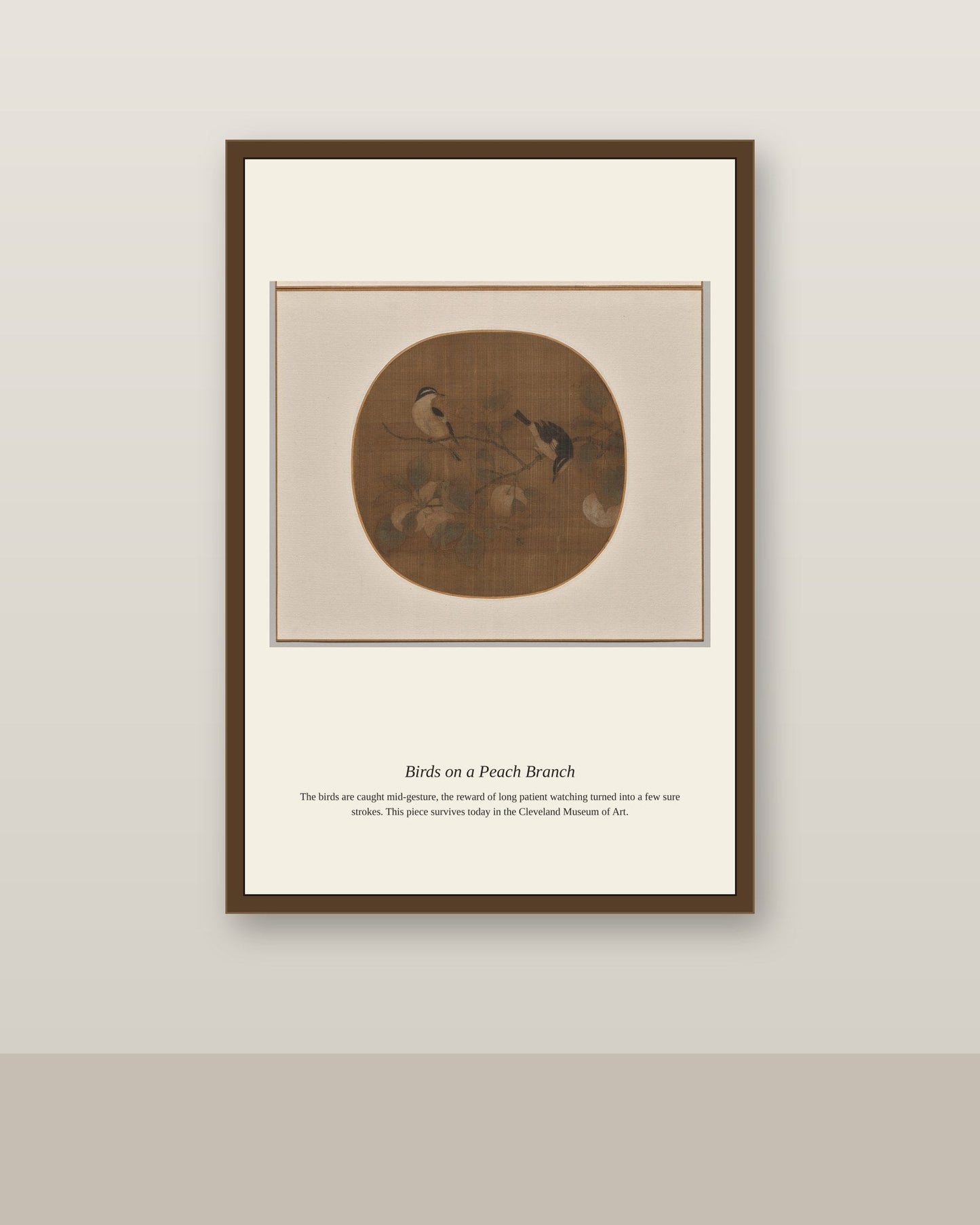 Birds on a Peach Branch antique natural history print shown framed on a wall in a styled room