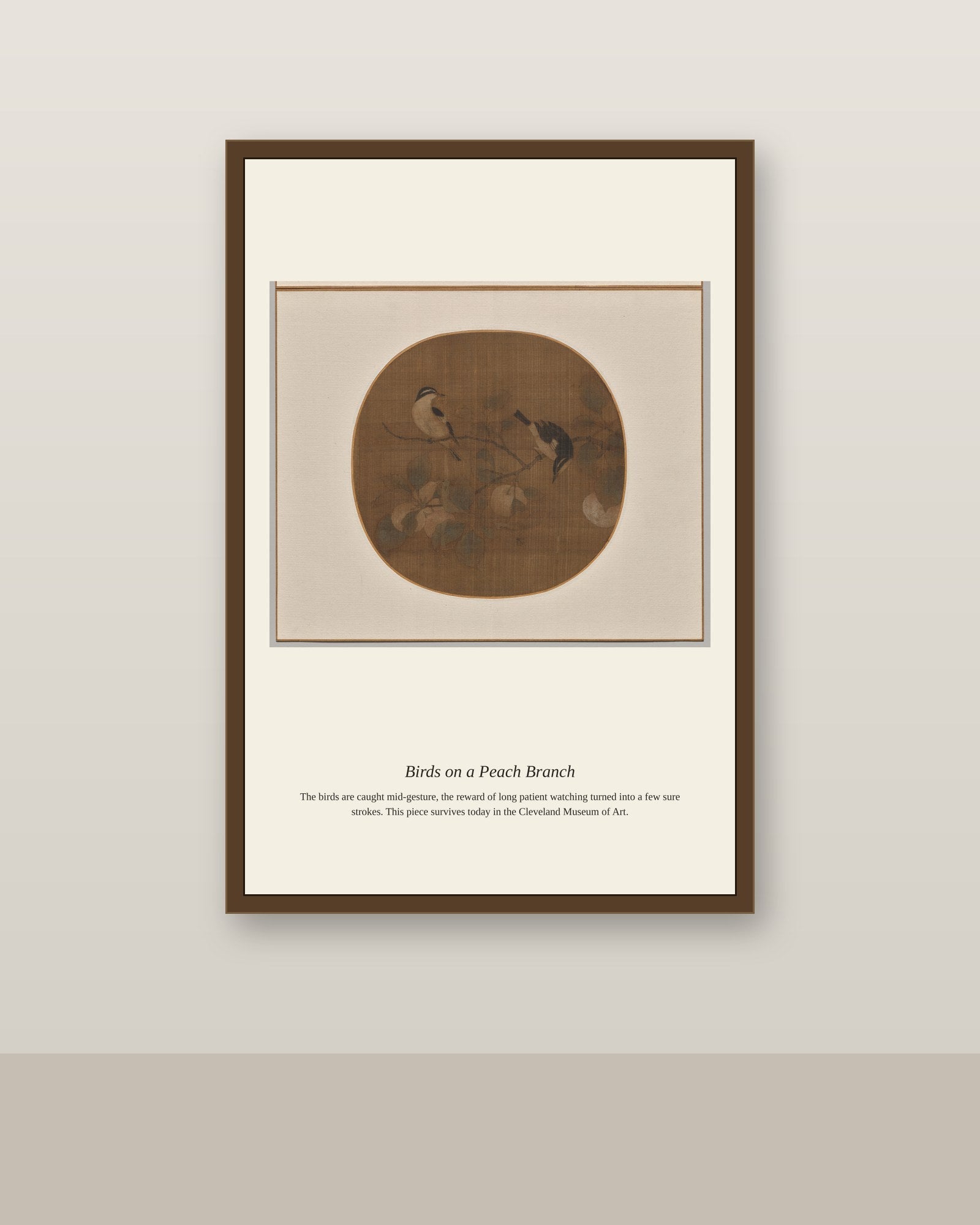 Birds on a Peach Branch antique natural history print shown framed on a wall in a styled room