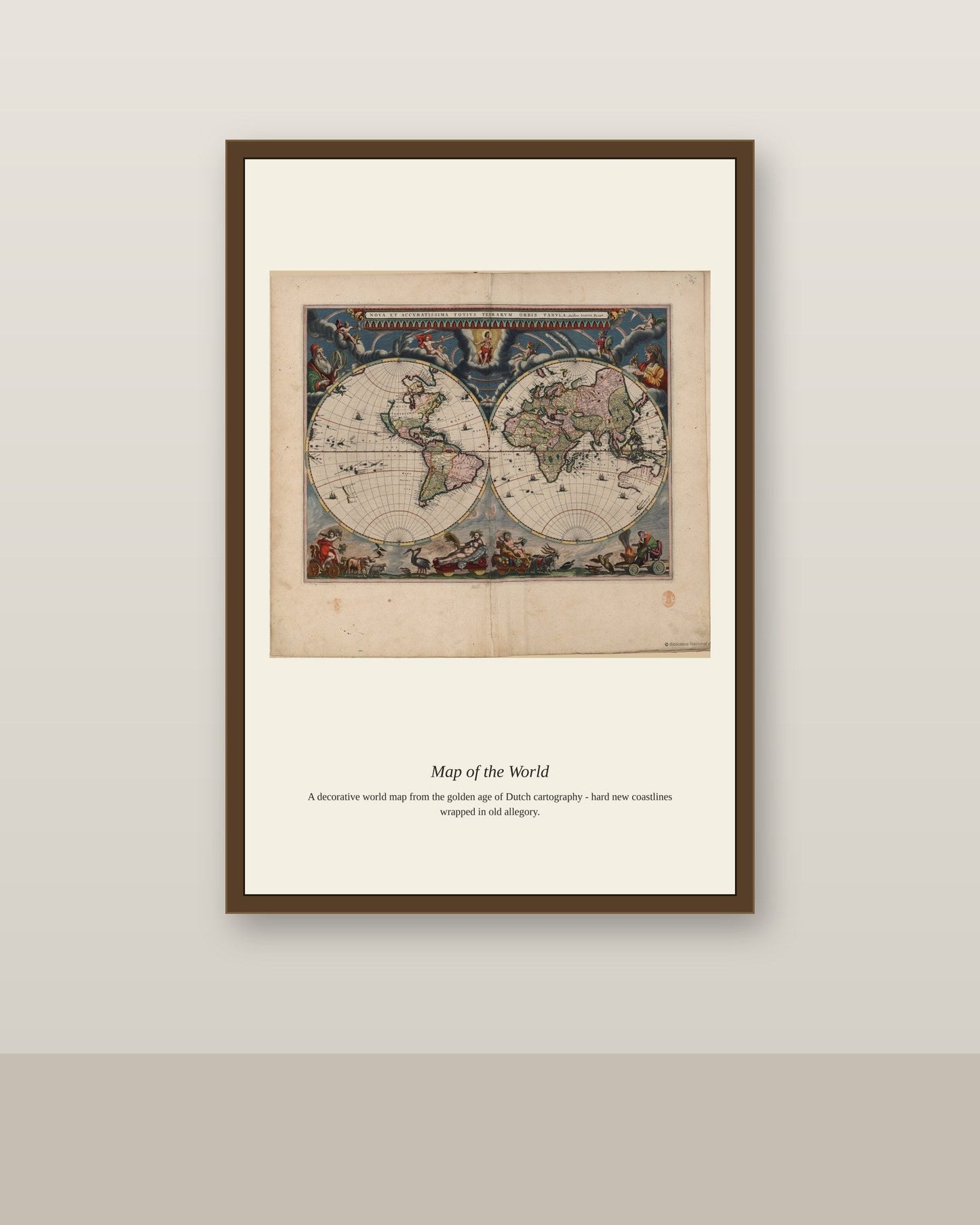 Blaeu World antique world map print shown framed on a wall in a styled room