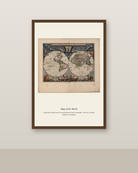 Blaeu World antique world map print shown framed on a wall in a styled room
