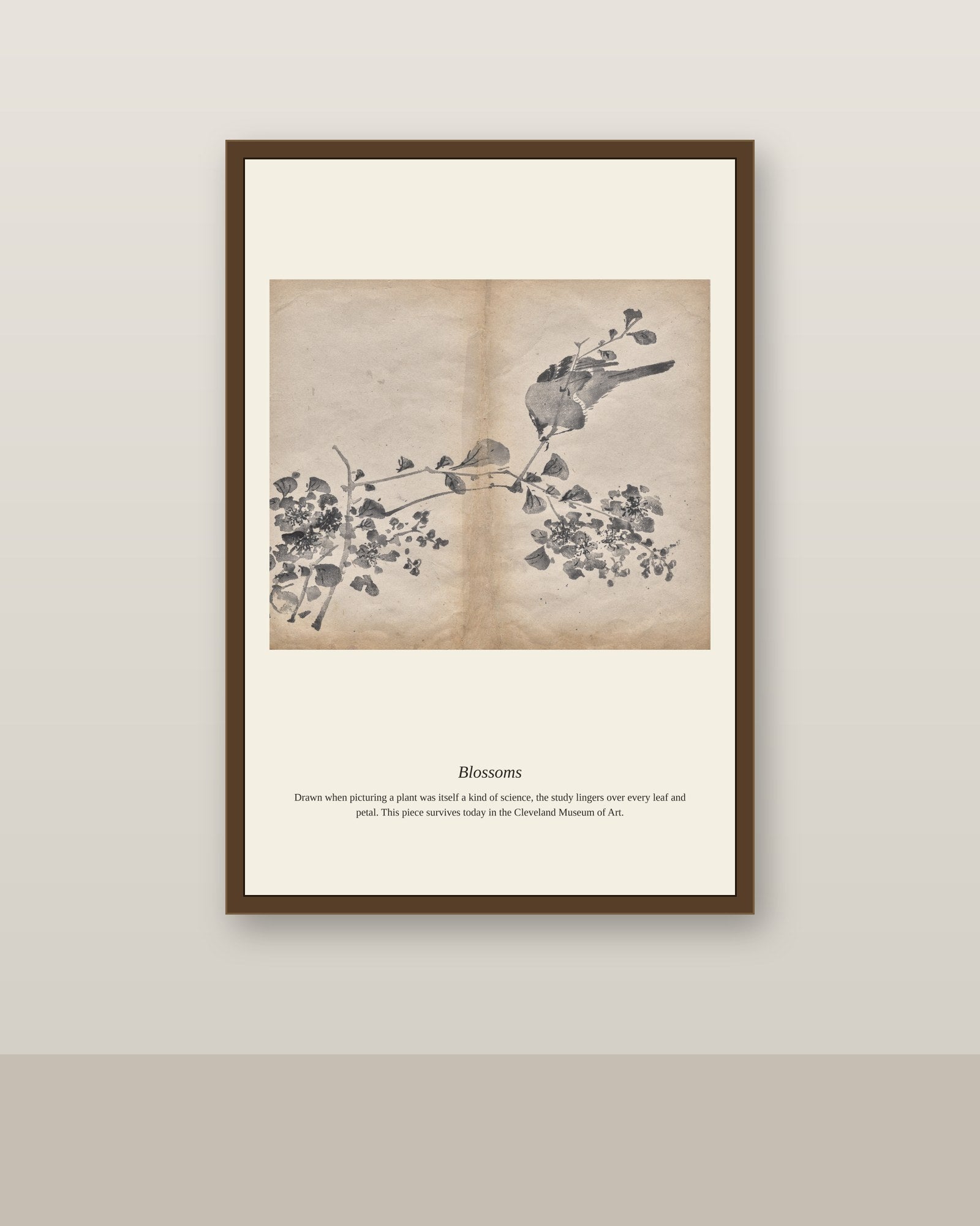 Blossoms antique botanical print shown framed on a wall in a styled room