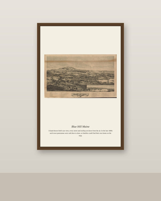 Blue Hill Maine antique map print shown framed on a wall in a styled room