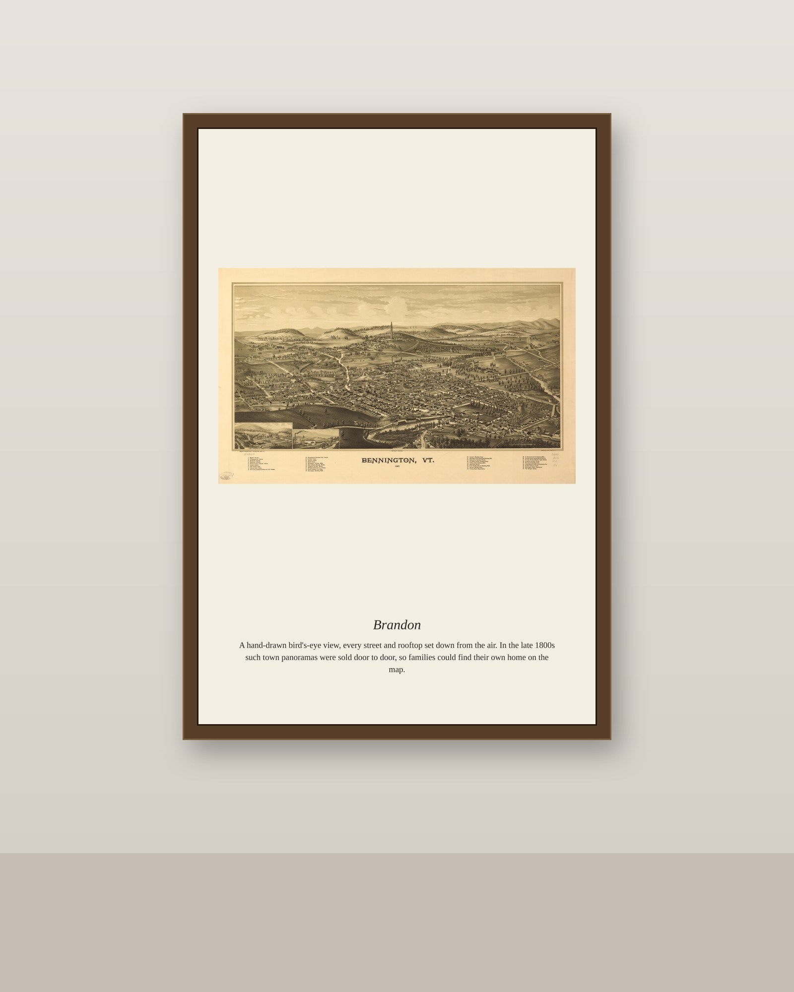 Brandon antique map print shown framed on a wall in a styled room