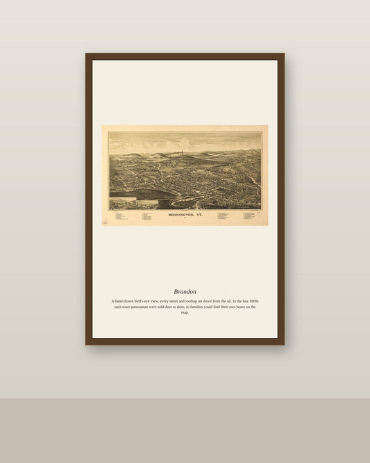 Brandon antique map print shown framed on a wall in a styled room