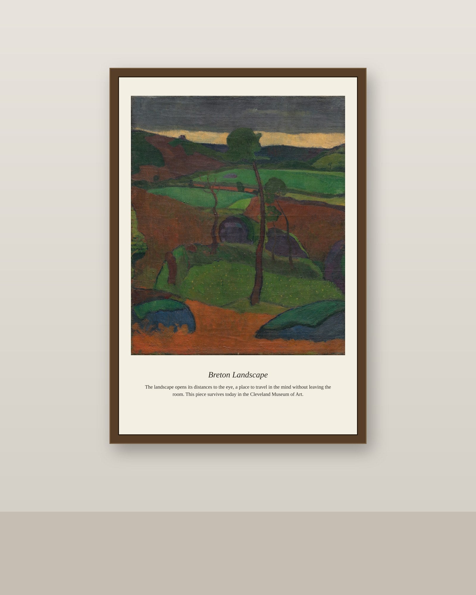 Breton Landscape antique landscape print shown framed on a wall in a styled room