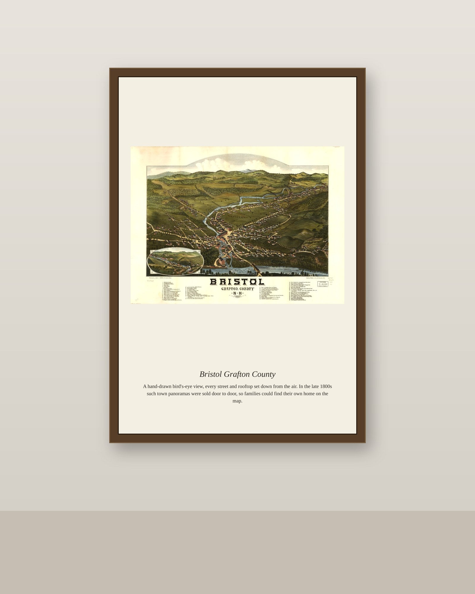 Bristol Grafton County antique map print shown framed on a wall in a styled room
